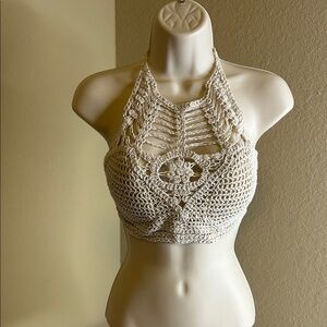 Rebellion Again Handmade Crochet Halter Crop Top in Cream